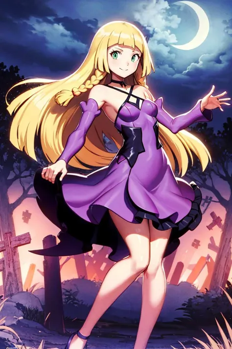 a woman in a purple dress standing in front of a cemetery