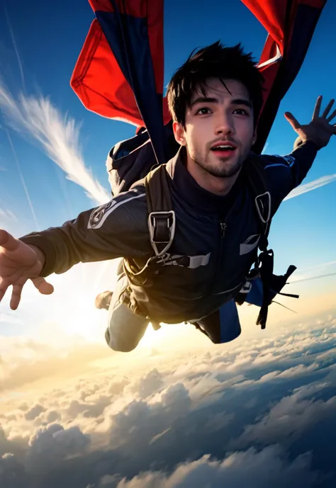 arafed man flying in the sky with a parachute