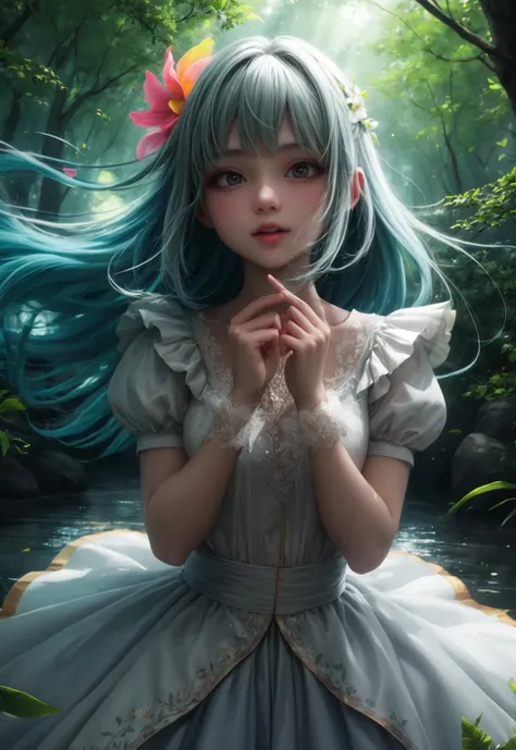 a woman with blue hair and a white dress is standing in a forest