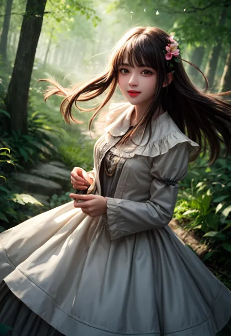 a close up of a woman in a dress in a forest