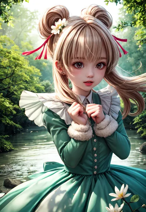 a close up of a girl in a green dress near a river