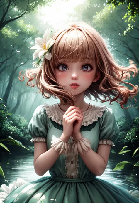 a girl in a green dress standing in a forest with flowers