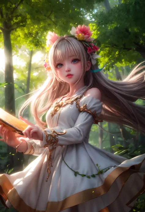 a girl in a white dress holding a book in a forest