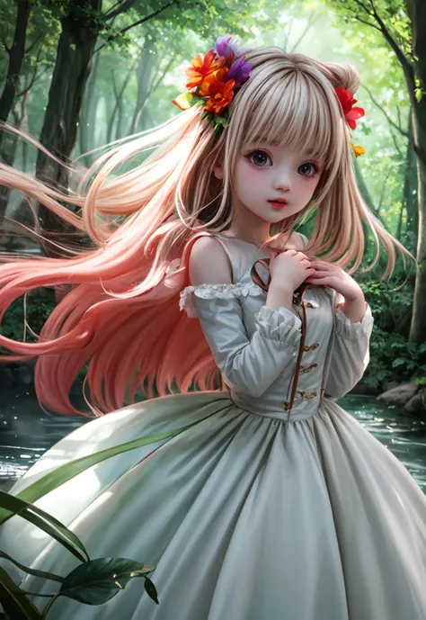 a girl in a white dress standing in a river with long hair