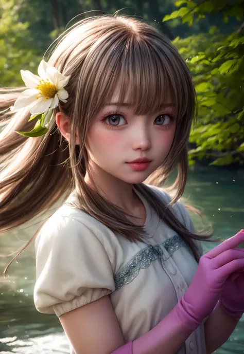 a close up of a girl with a flower in her hair