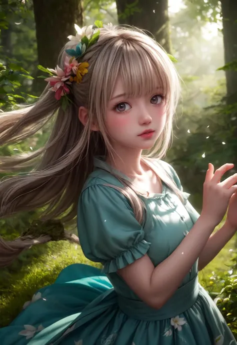 a close up of a girl in a dress in a forest