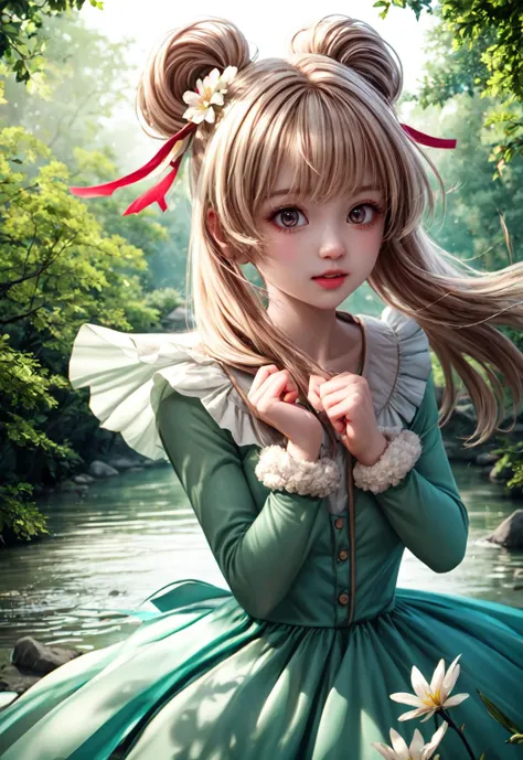 anime girl in green dress with long hair and a bow