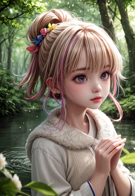 anime girl with pink hair and a white coat standing in a river