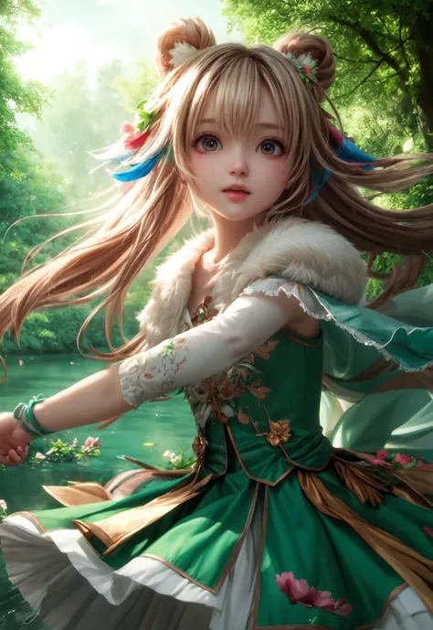 a girl in a green dress is holding a bow and a flower