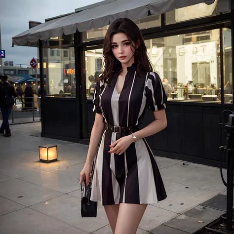 1girl,standing,cowboy shot,wearing striped_dress,outdoors,city,night,luxury,ultra realistic 8k cg,picture-perfect face,flawless,clean,masterpiece,best quality,professional artwork,famous artwork,cinematic lighting,cinematic bloom,<lora:striped_dress_collec...