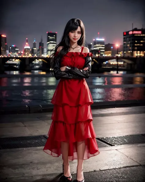 1girl,standing,cowboy shot,smiling,(wearing flounce_dress:1.2),(red flounce_dress),(black straight hair:1.3),(long hair),outdoors,cityscape,city lights,night,luxury,ultra realistic 8k cg,picture-perfect face,flawless,clean,masterpiece,best quality,professi...