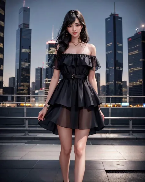 1girl,standing,cowboy shot,smiling,(wearing flounce_dress:1.2),(black hair),(long straight hair),outdoors,cityscape,city lights,night,luxury,ultra realistic 8k cg,picture-perfect face,flawless,clean,masterpiece,best quality,professional artwork,famous artw...