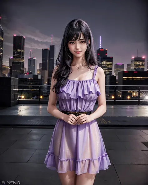 1girl,standing,cowboy shot,smiling,(wearing flounce_dress:1.2),(light_purple flounce_dress:1.1),(black straight hair:1.3),(long hair),outdoors,cityscape,city lights,night,luxury,ultra realistic 8k cg,picture-perfect face,flawless,clean,masterpiece,best qua...