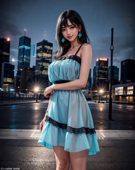 1girl,standing,cowboy shot,smiling,(wearing flounce_dress:1.2),cyan flounce_dress,(black hair:1.3),(long straight hair),outdoors,cityscape,city lights,night,luxury,ultra realistic 8k cg,picture-perfect face,flawless,clean,masterpiece,best quality,professio...