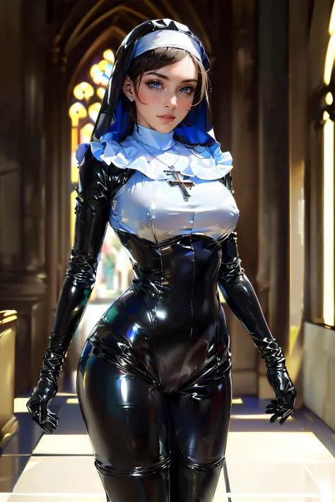 (masterpiece, best quality, ultra detailed, absurdres:1.5), 1girl, (sexy, beautiful woman, perfect face, perfect eyes, perfect female body:1.5), (tutututu, (nun), (cross necklace), latex bodysuit, shiny clothes, skin tight, habit, latex gloves, black bodys...