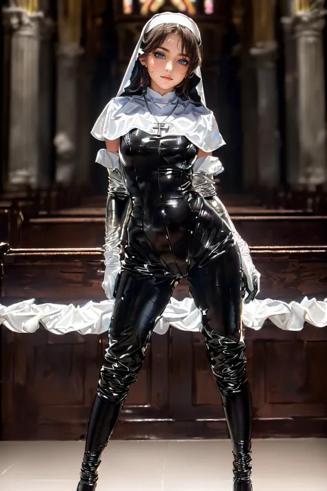 (masterpiece, best quality, ultra detailed, absurdres:1.5), 1girl, (sexy, beautiful woman, perfect face, perfect eyes, perfect female body:1.5), (tutututu, (nun), (cross necklace), latex bodysuit, shiny clothes, skin tight, habit, latex gloves, black bodys...