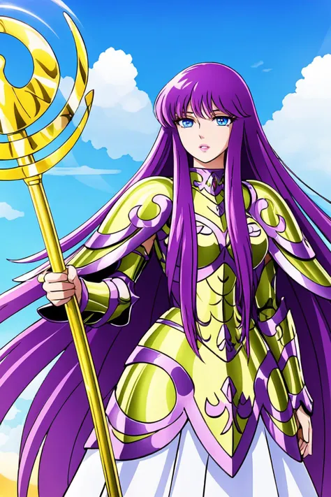 a woman in a purple and yellow outfit holding a spear