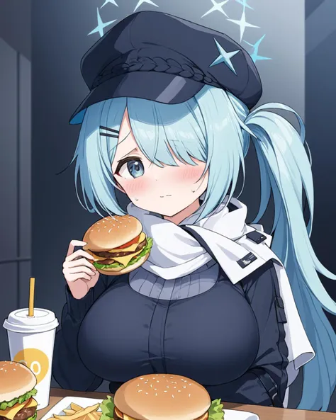 arafed anime girl eating a hamburger and a burger