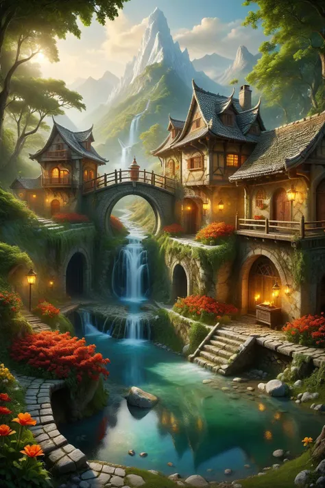 a painting of a waterfall and a house in the middle of a forest