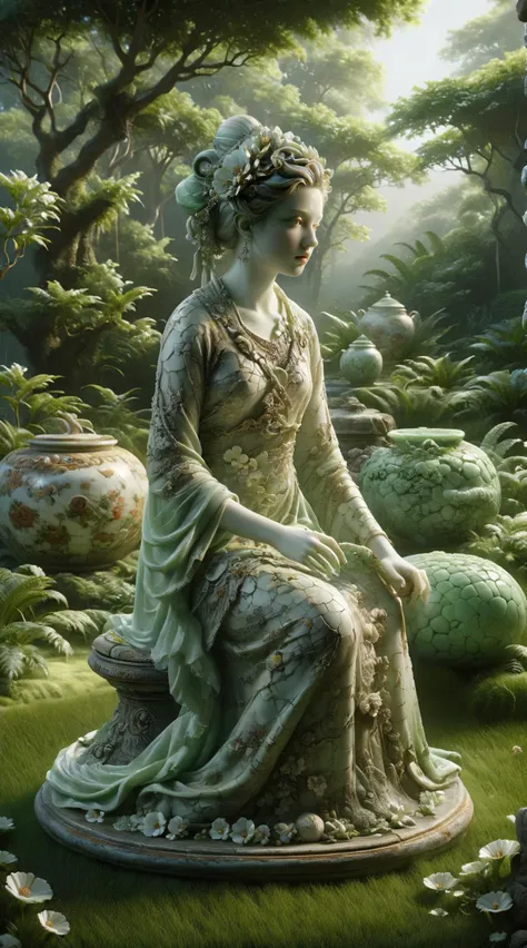 painting of a woman sitting on a stone statue in a garden