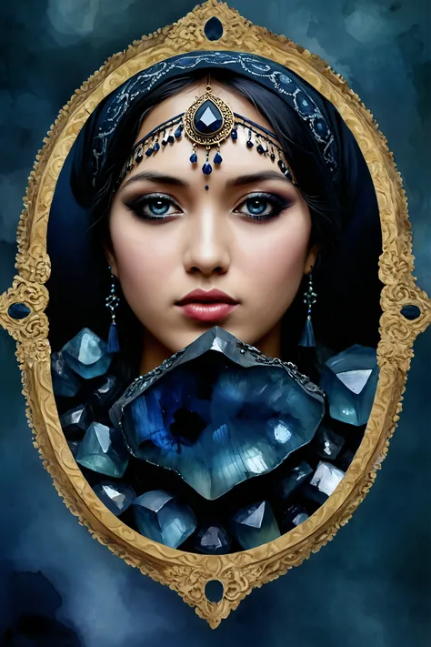 by Bettina Heinen-Ayech, dark blue maritime water fluorite, (ethnic traditions, digital painting:1.2), Gothic style, Dark, mysterious, haunting, dramatic, ornate, detailed, (masterpiece, intricate details:1.2) <lora:XL-Lorasxl_more_art-full_v1:0.5><lora:XL...