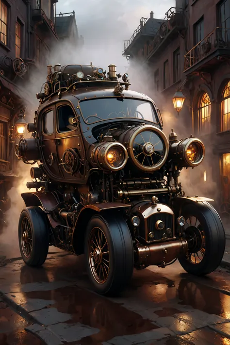 there is a steam powered car driving down a street in the rain