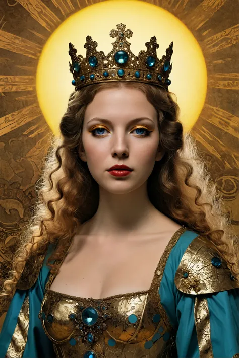 a woman in a blue dress with a gold crown on her head