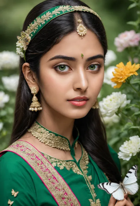 a woman in a green dress and gold jewelry standing in front of flowers