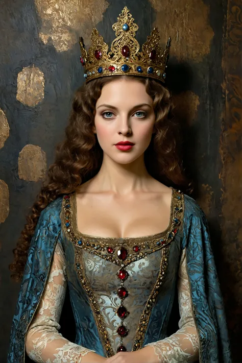 a woman in a blue dress and a crown poses for a picture