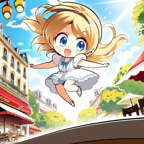 a close up of a cartoon character in a dress flying through the air