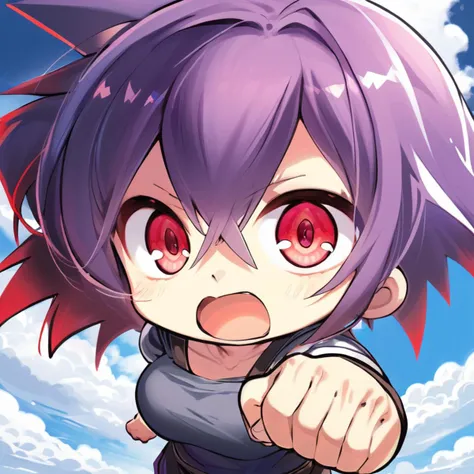 anime girl with purple hair and red eyes pointing at the camera