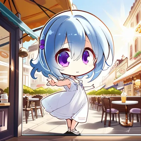 anime girl in white dress standing in front of a cafe