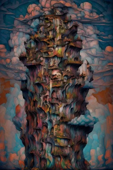 a painting of a tall tower with many different colored rocks