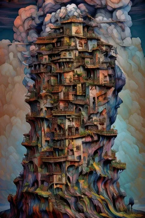 a painting of a tall tower with many windows and balconies