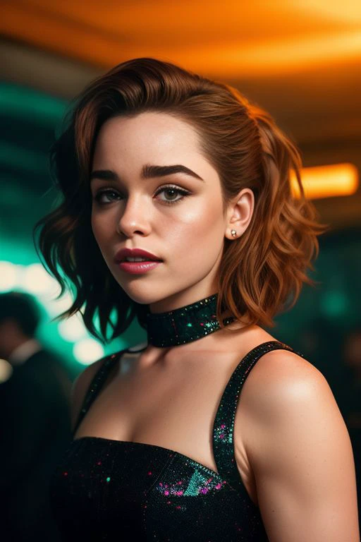 nightclub interior, portrait photo of beautiful [(dld_emclarke:0.9)|(Koh_EmiliaClarke:0.9)], hyper realistic photograph, detailed face,film grain, Kodak portra 800, f1.8, intricate, (neon lights:0.4)