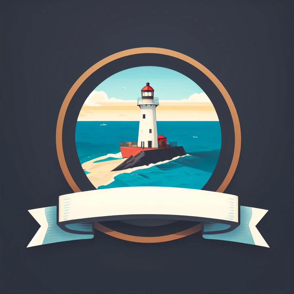 (masterpiece, best quality:1.2), (ribbon logo:1.2), (no humans:1.1), (outdoors, lighthouse, ocean views, coastal, historical landmark, maritime history, beacon, coastal hike, oceanfront, foghorn:0.9), flat color, gradient background