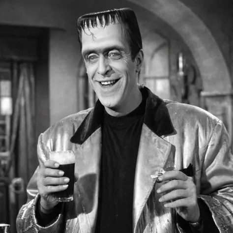 herman munster, wearing a flashy jacket, flat head, smile, holding a drink, photo, monochrome, <lora:Herman_Munster:0.5>