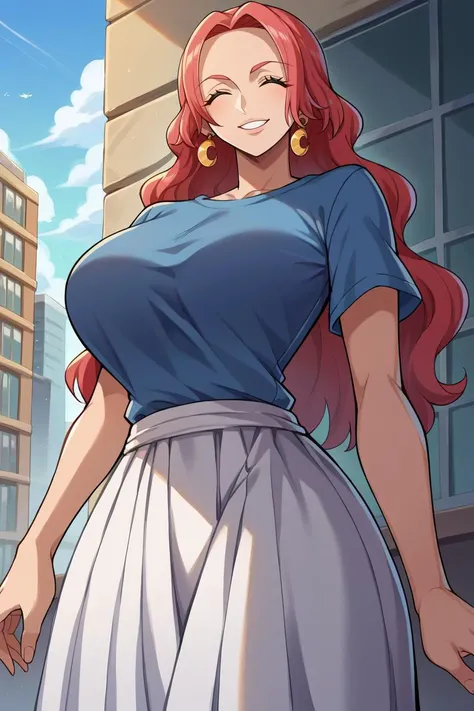 score_9, score_8_up, score_7_up, score_6_up, source_anime, BREAK 1girl, solo <lora:baccarat-pdxl-nvwls-v1-000006:1> opBacara, eyelashes, earrings, large breasts, closed eyes, smile, blue t-shirt, looking at you, long skirt, white skirt, city, blue sky