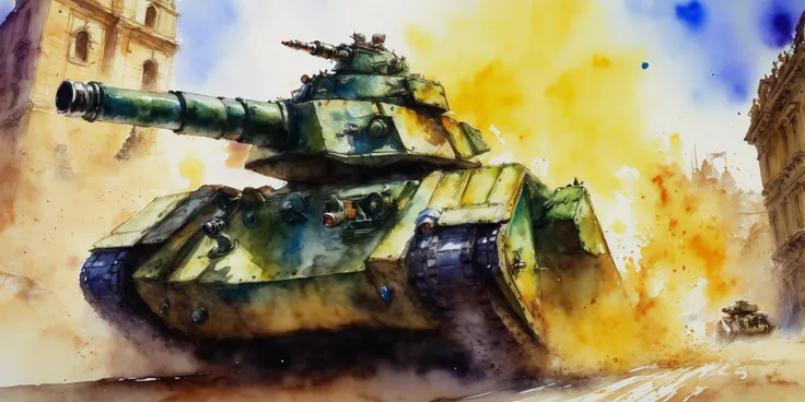 watercolor (medium, Generate a stunning art style, a true [masterpiece] [best quality] of art. lmnrsstnk tank,  charging forward. In the background a [battlefield, gothic city, warhammer 40k] is to be seen in [grand:1.8, high-scale:1.8, panorama:1.8] from ...