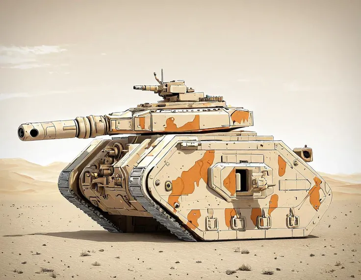 vintage style lithograph,monochrome lmnrsstnk,side view,tan and orange camouflage paint tank, <lora:Leman_Russ_Battle_Tank_-_Warhammer_40000_SDXL:0.85>,in arid plains,((large boxy turret)),no humans,landscape,sponson guns,laser cannon