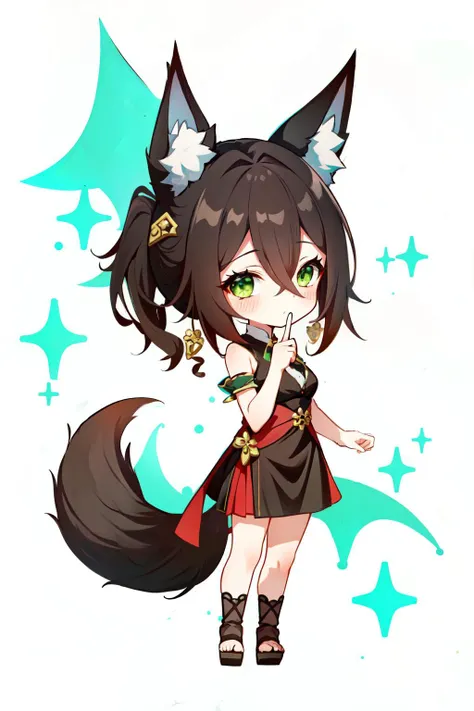 <lora:tingyun:0.7> tingyun(hsr), fox girl, solo, brown hair, long hair, green eyes, animal ear fluff, 1girl, fox tail, animal ears, fox ears, full body, tail, looking at viewer, hair between eyes, chibi