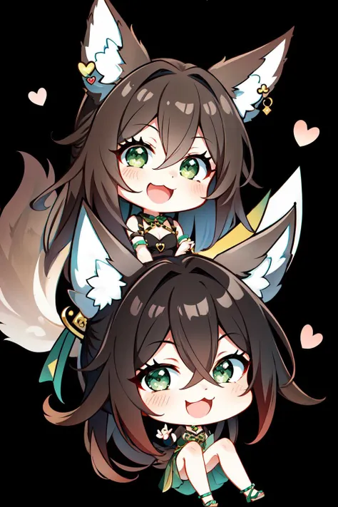 <lora:tingyun:0.7> tingyun(hsr), jewelry, solo, open mouth, bracelet, brown hair, long hair, green eyes, simple background, black background, 1girl, animal ears, heart, :3, smile, tail, looking at viewer, hair between eyes, chibi