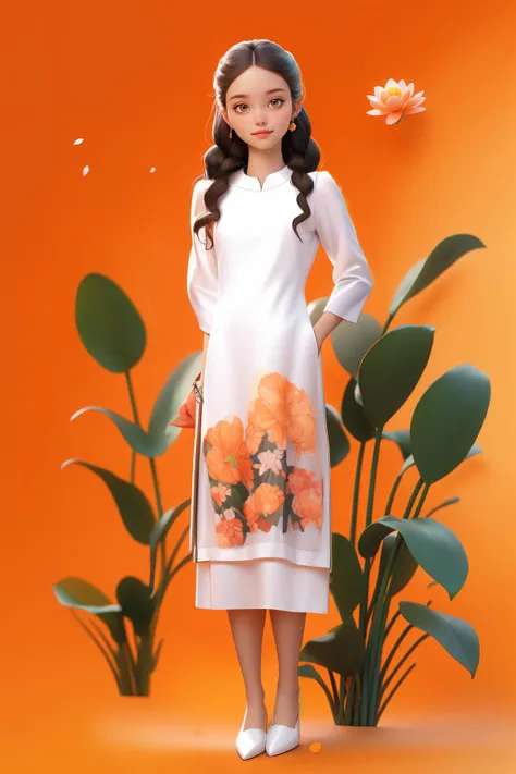 a woman in a white dress standing next to a plant