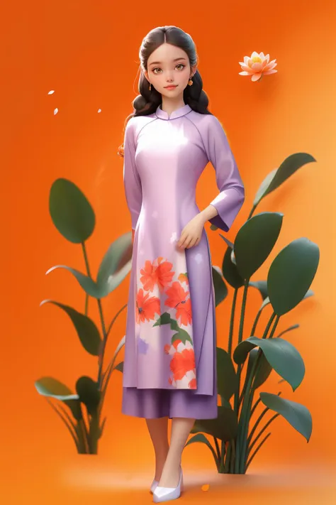 a woman in a purple dress standing next to a plant