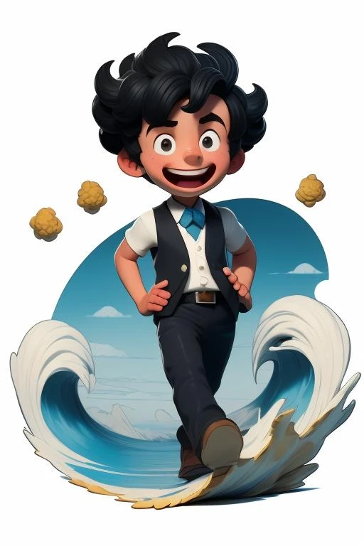 a cartoon character of a man riding a wave on a surfboard