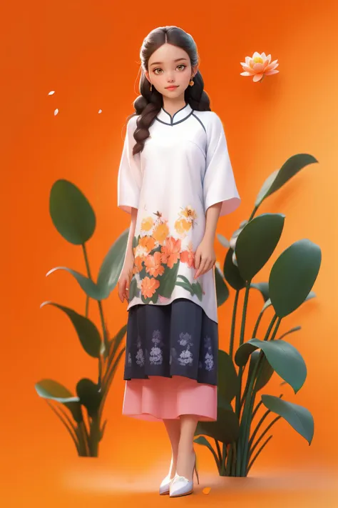 a woman in a white shirt and black skirt standing next to a plant