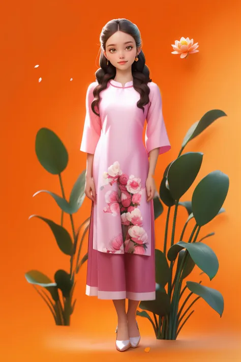 a woman in a pink dress standing next to a plant