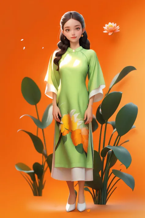 a woman in a green dress standing next to a plant