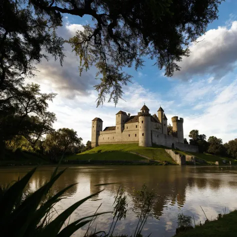 a view of a castle with a moat and a bridge