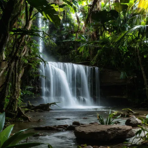 a close up of a waterfall in a tropical forest with rocks and trees